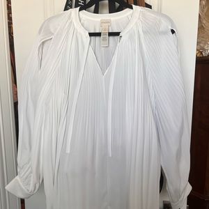 Chico's blouse white sz L / 12 pleated flowy self-tie front split sleeve.  NWOT